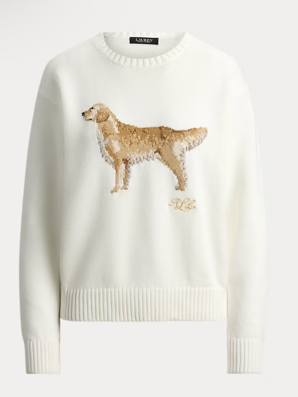 Polo by Ralph Lauren White Crewneck Sweater with Tan Dog Intarsia